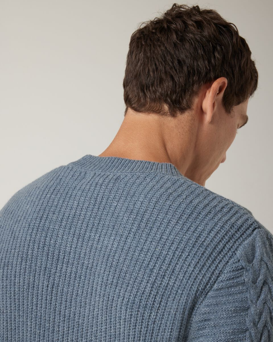 Heavyweight chunky knit with contrast cable knit design, Denim, hi-res